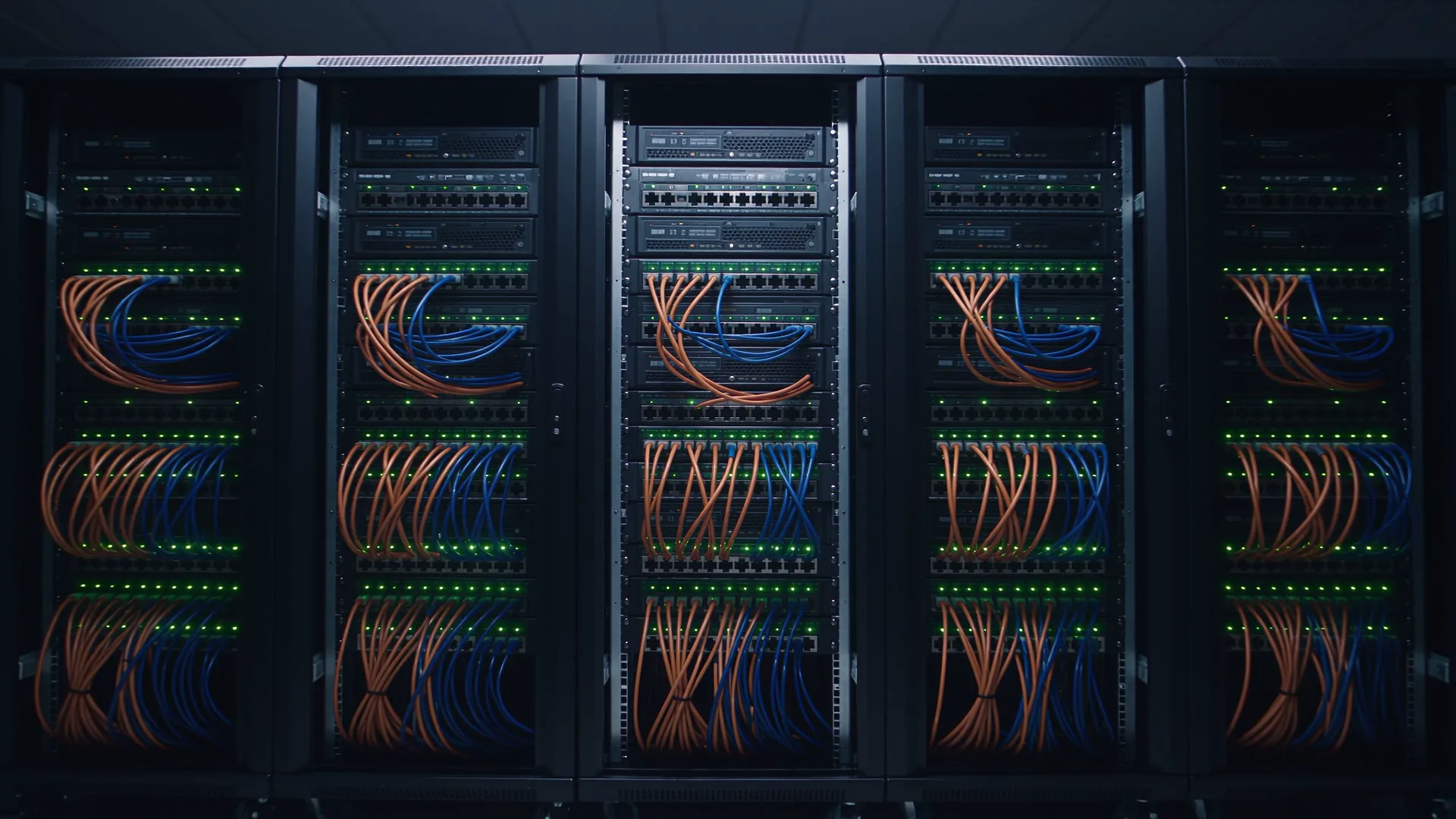A neatly dressed network rack in a server room