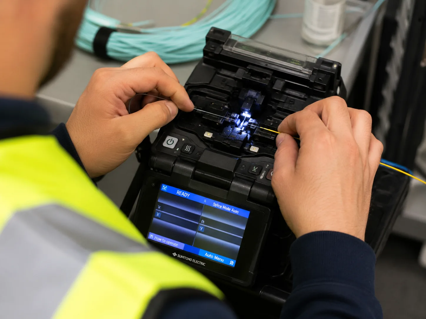 Fibre fusion splicing in progress